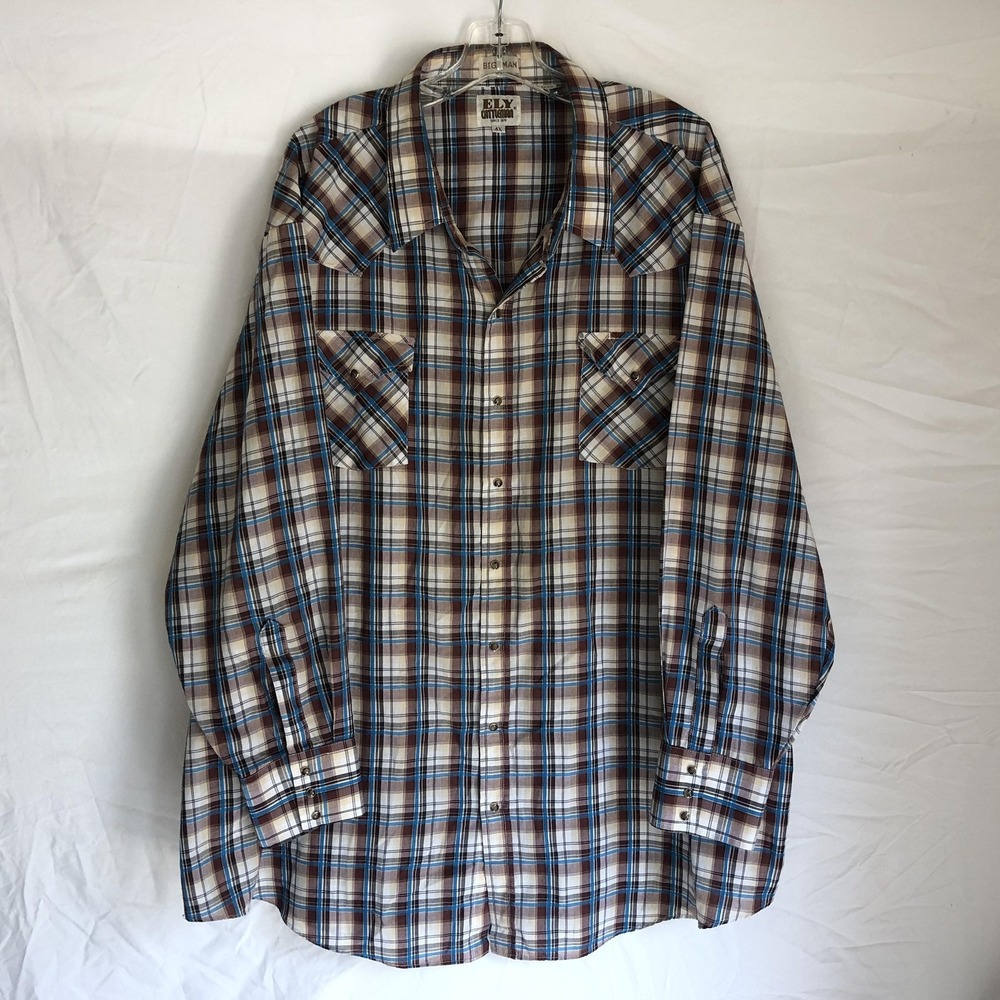 Ely Cattleman Shirt Mens Big 4X Brown Plaid Western Snap Long Sleeve Cowboy